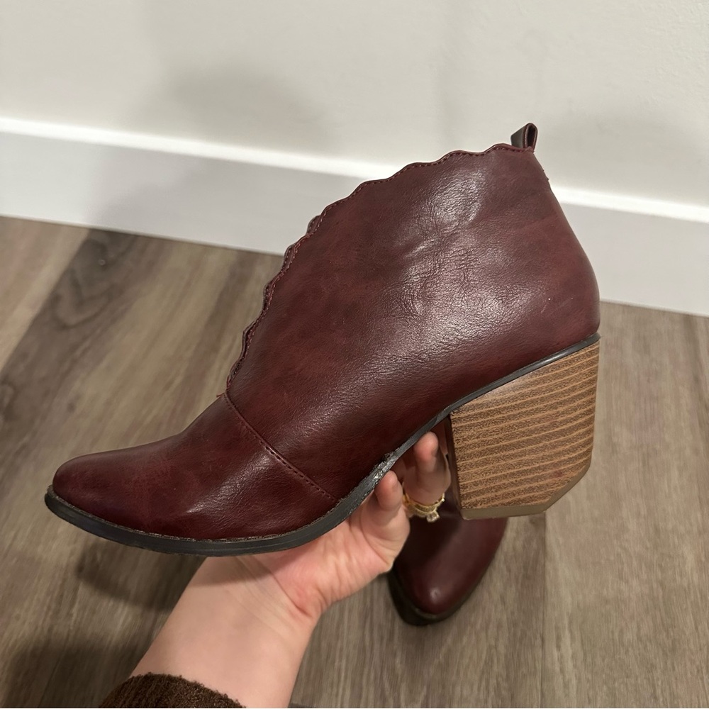 Wild G Burgundy Red Scalloped Edge Heeled Ankle Boots - Picture 6 of 10